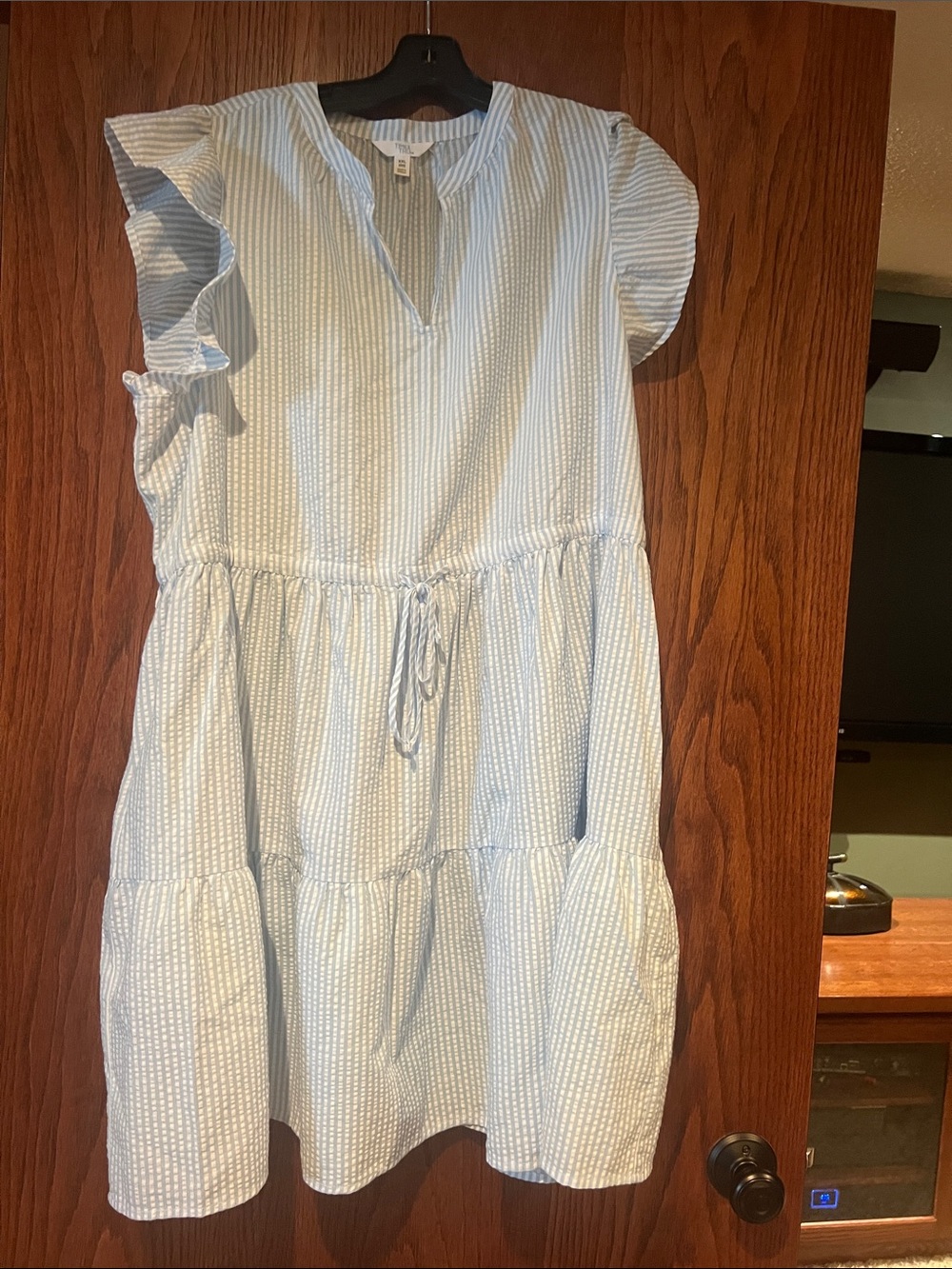 Light Blue Striped Girls' Ruffle Sleeve Dress - Unbranded